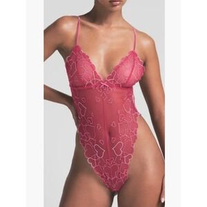 Skims Embroidered Tulle Teddy Pink Heart Mesh Bodysuit Medium NEW